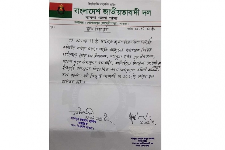 চাটমোহর  উপজেলা ও পৌর বিএনপির আহবায়ক কমিটি বিলুপ্ত 